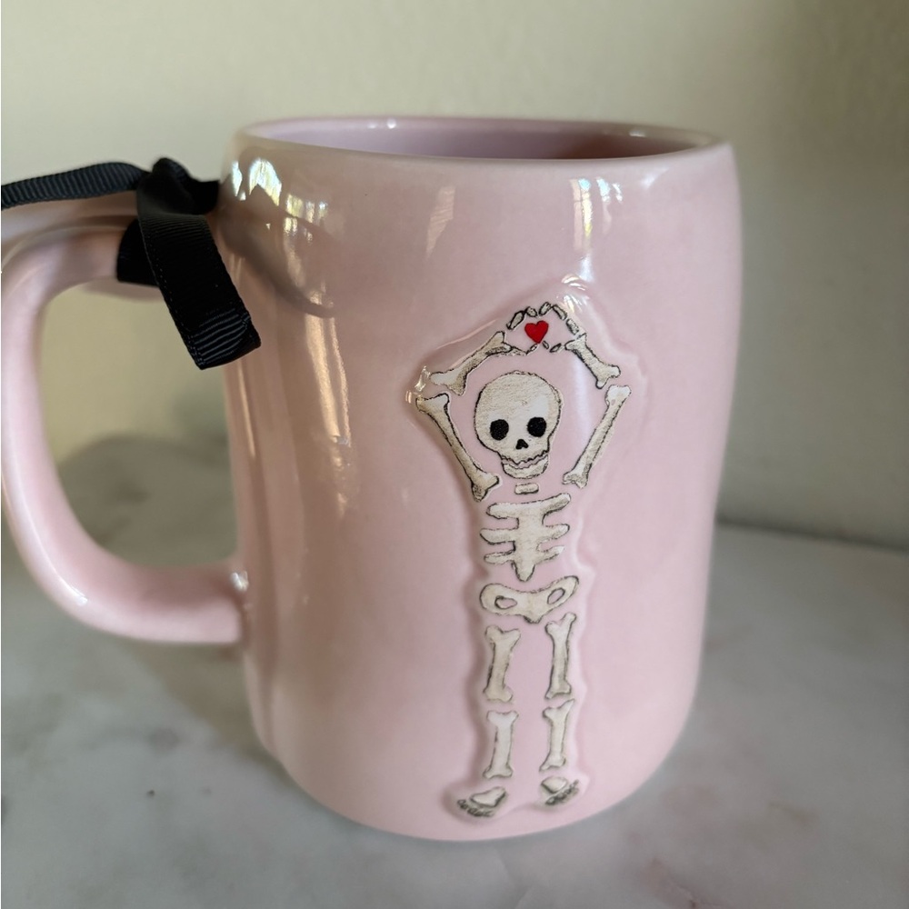 Rae Dunn Pink Skeleton Mug with Black Bow